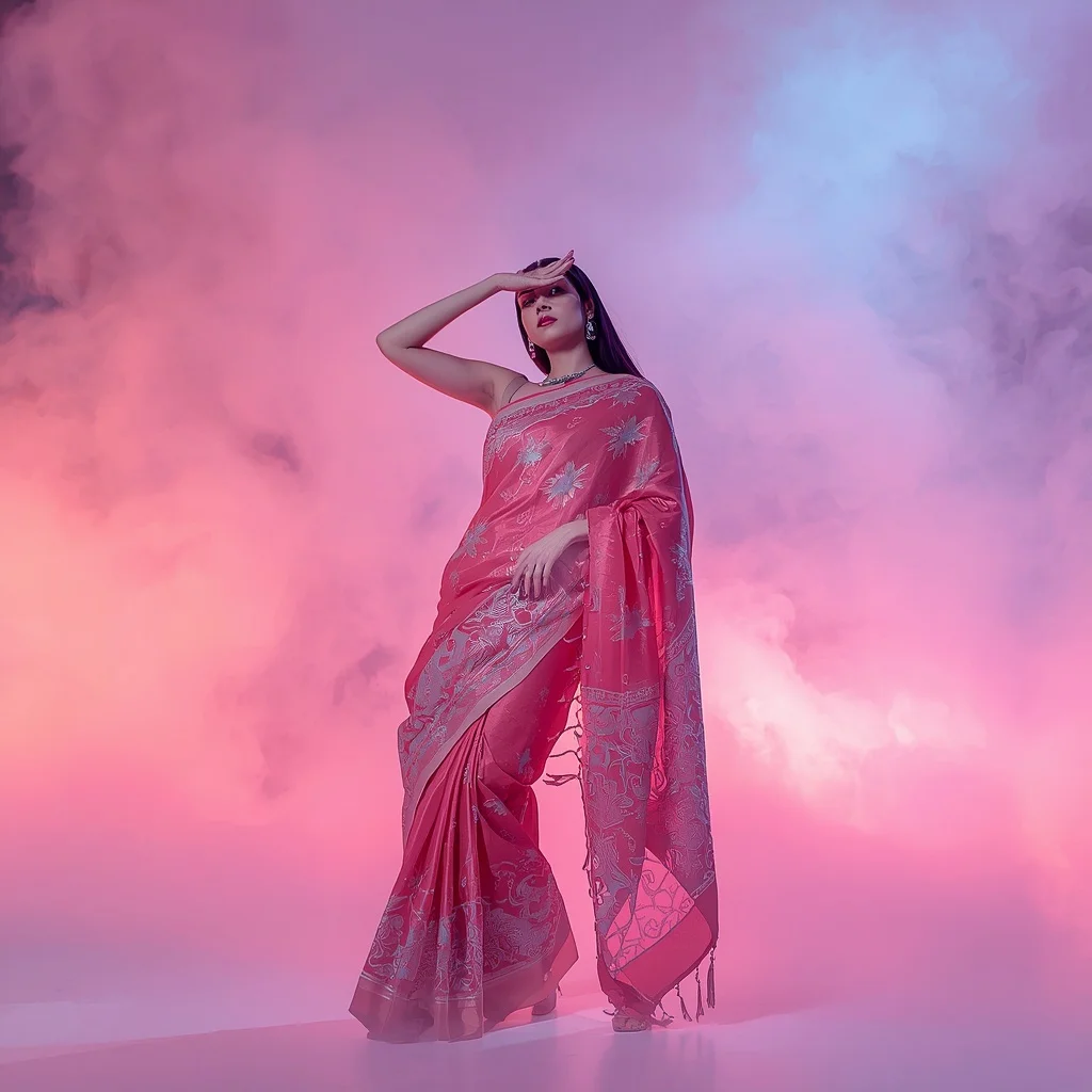 Advanced 3D Holographic Molten Glass Saree for Festival Aesthetics | Saree Photo Ai Prompt