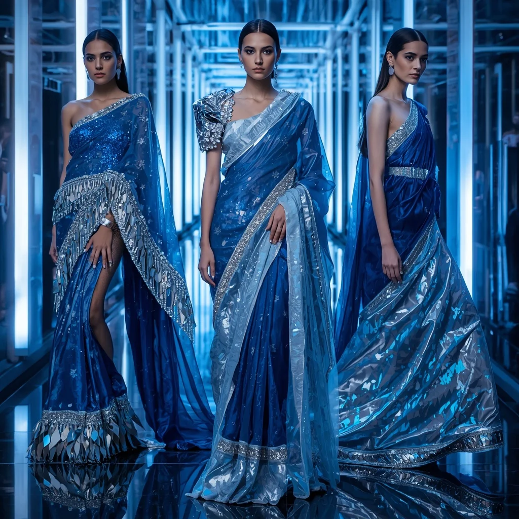 Arctic Sapphire Majesty Saree with Crystal Infinity Corridors | Viral Ai Image Prompt