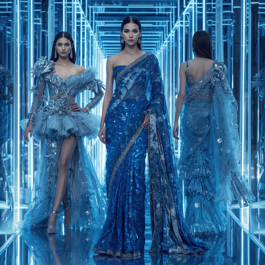 Arctic Sapphire Symphony Saree with Crystal Infinity Corridors | Secret Ai Prompt