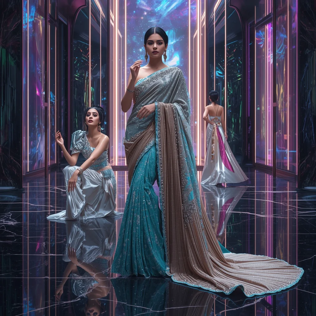 Aurora Diamond Majesty Saree with Floating Neon Prism Universe | Desi Girl Ai Prompt