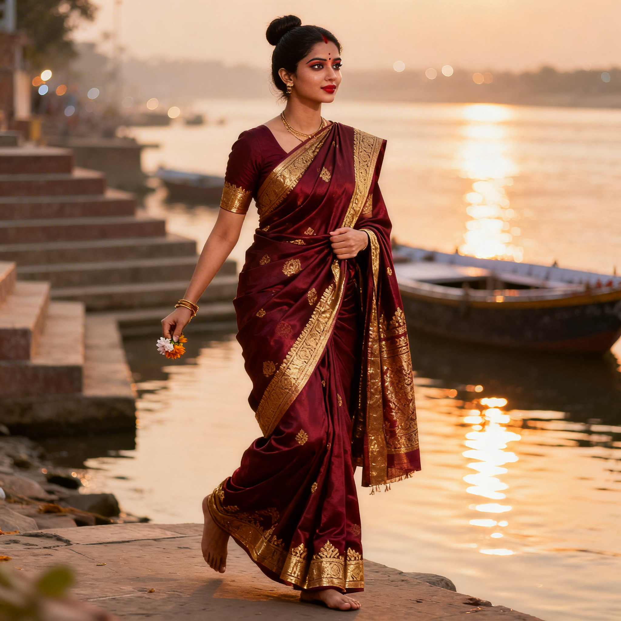 Banarasi Saree “Ghat Walk Pose” (Traditional Realistic Spiritual Aesthetic) | Nano Banana Prompt