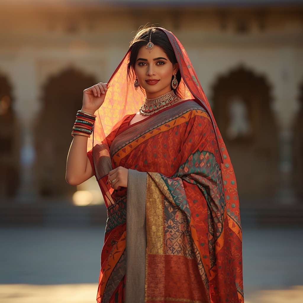 Bandhani Saree “Veil Lift Reveal Pose” (Rajasthan Traditional Realistic) | Text To Image Prompt
