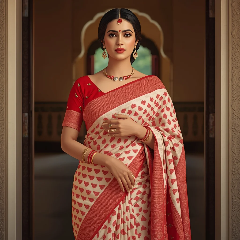 Bengali Saree Look — Classic Red & White Pose | Flux Ai Prompt - Woman Pose AI Image Prompt