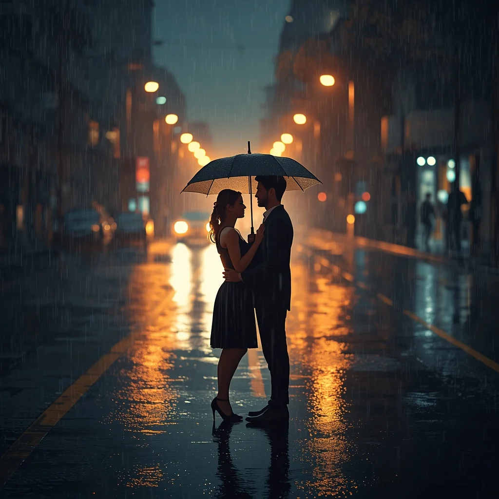 Best AI Image Prompt – Couple Rainy Night Umbrella Pose | Gemini Image Prompt