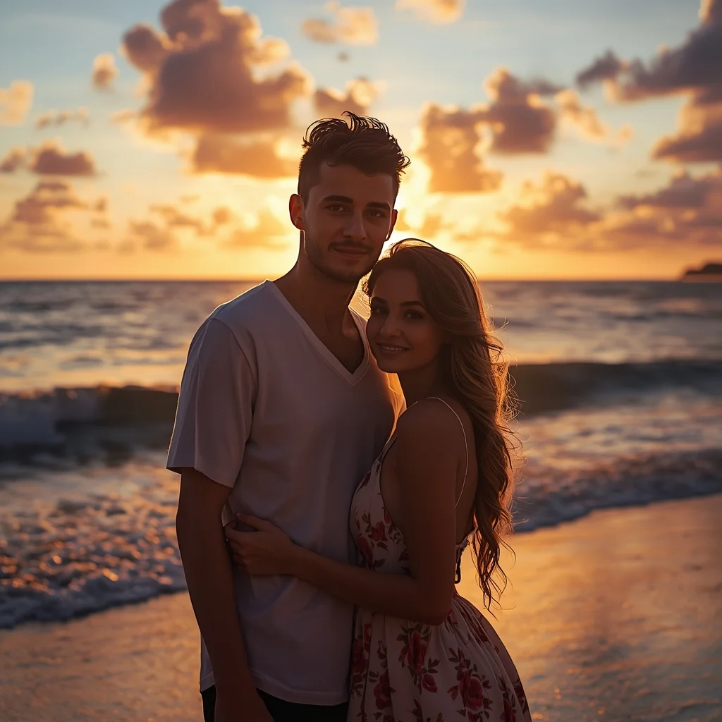 Best AI Image Prompt – Romantic Couple Sunset Beach Pose | High Quality Gemini Prompt