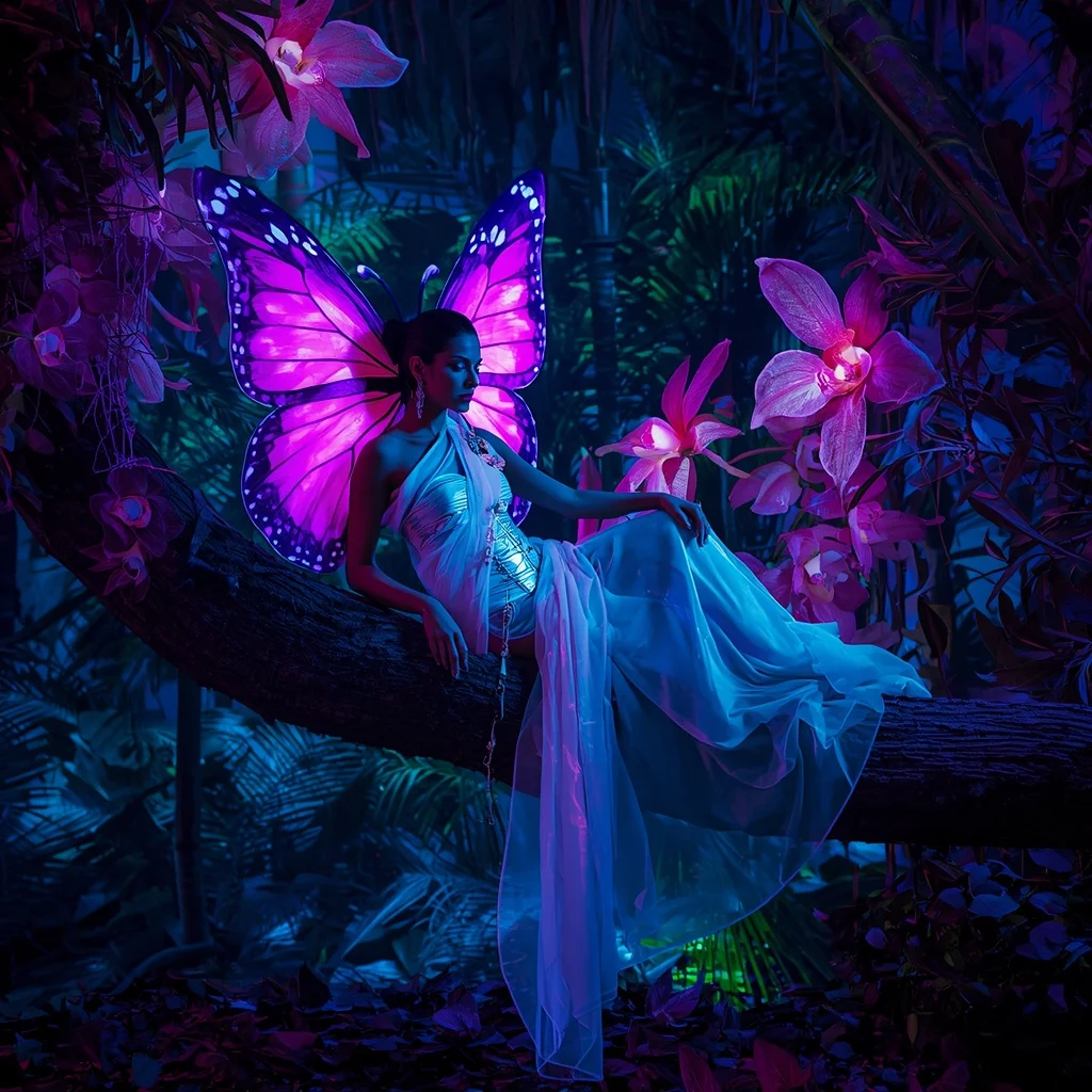 Bioluminescent Orchid Petal Butterfly Saree with Alien Botanical Jungle Background | Grok Ai Prompt