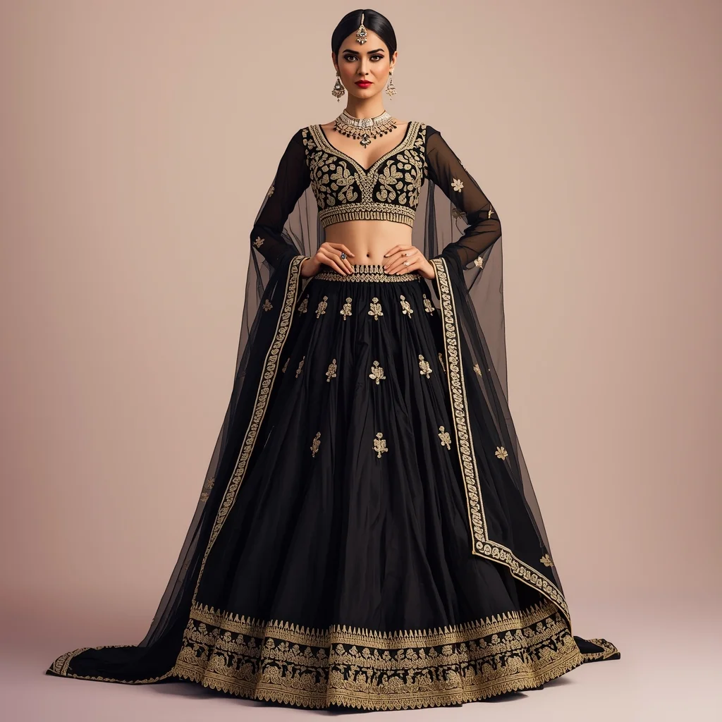 Black & Gold Bridal Lehenga – Modern Bridal Cocktail Theme | Prompt Image