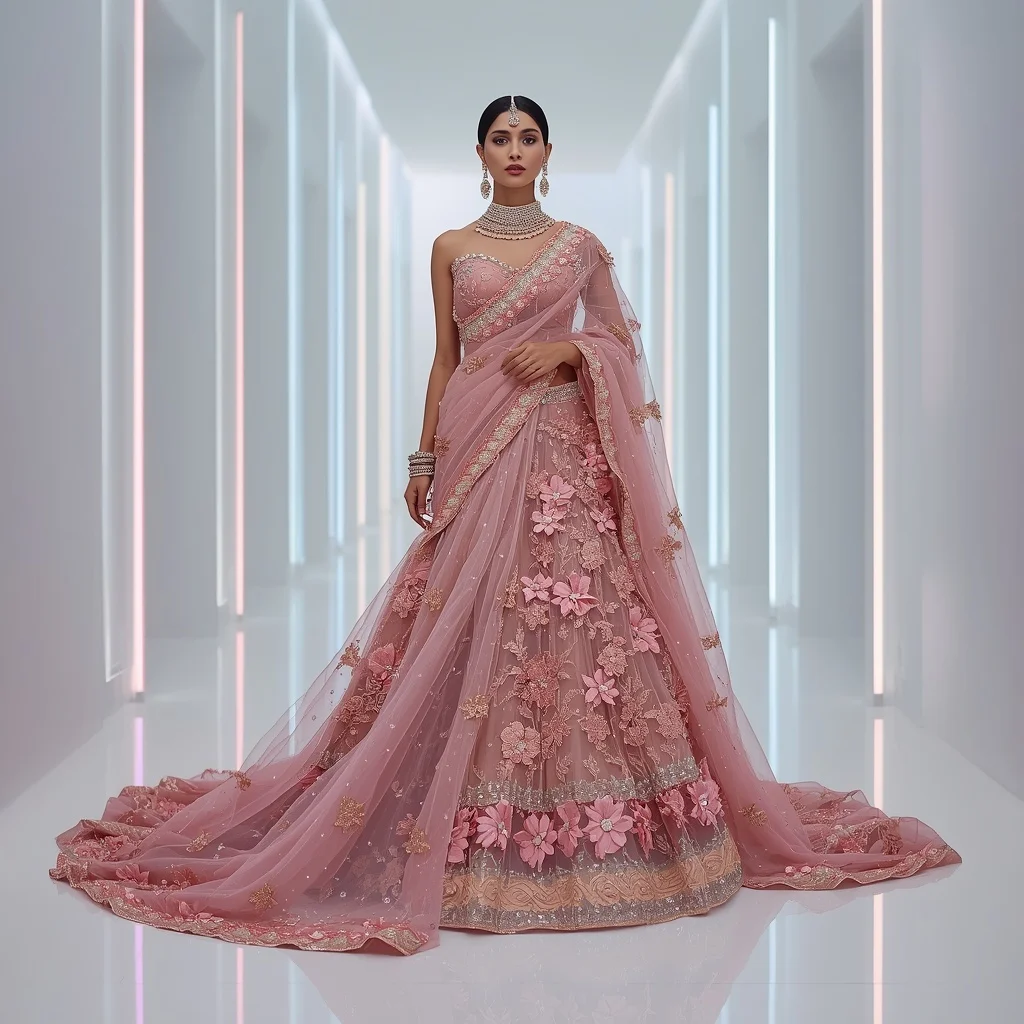 Blush Pink 3D Floral Heavily Embellished Saree with Majestic Pallu Drag Pose | 4k Ai Prompt