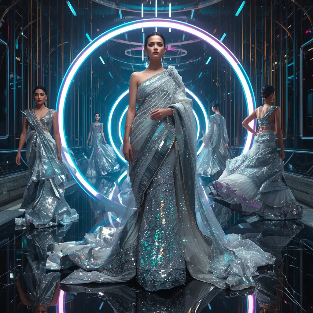 Celestial Mirage Crystal Saree with Floating Aurora Infinity Rings | Stable Diffusion Prompt