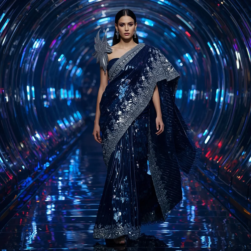 Celestial Mirrorwork Festival Saree with Floating Crystal Panels | Cute Ai Prompt - Woman Pose AI Image Prompt