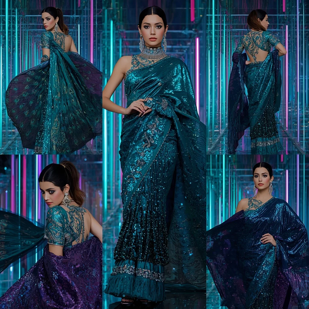 Celestial Peacock Dynasty Saree with Prism Glass Corridors | Viral Instagram Ai Prompt - Woman Pose AI Image Prompt