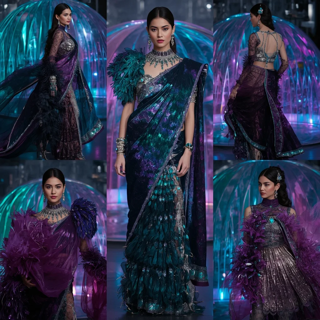 Celestial Peacock Fantasy Saree with Prism Glass Domes | Instagram Model Ai Prompt