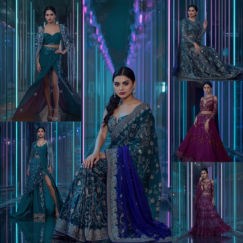 Celestial Peacock Majesty Saree with Prism Glass Hallways | Cute Girl Ai Prompt