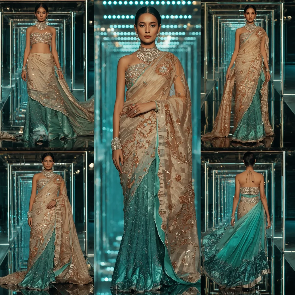Champagne Ocean Majesty Saree with Floating LED Corridors | Style Ai Prompt
