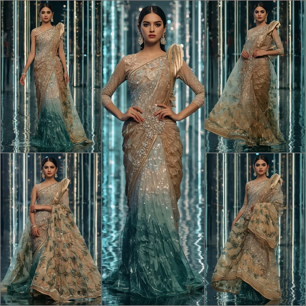 Champagne Ocean Symphony Saree with Floating LED Corridors | Ai Photo Prompt
