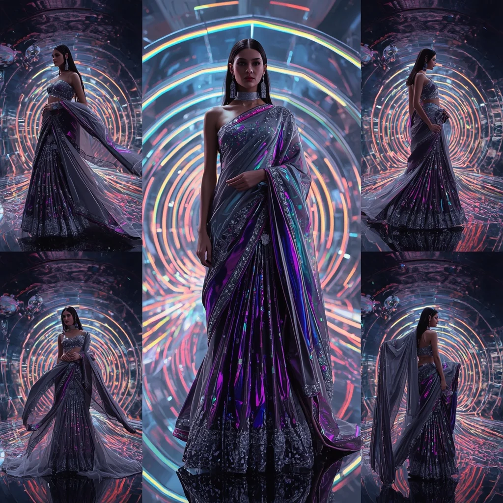 Cosmic Mercury Armor Saree with Prism Infinity Spiral Palace | Hd Image Prompt