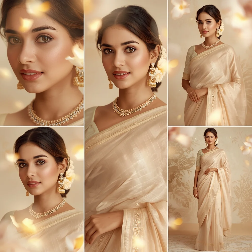 Creamy Jasmine Bloom Pastel Saree Indian Woman Luxury Collage | Traditional Saree Prompt For Chatgpt In English