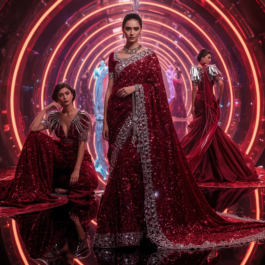 Crimson Eclipse Royale Saree with Floating Neon Infinity Corridors | Character Design Ai Prompt