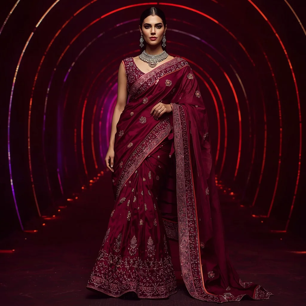 Crimson Infinity Designer Saree with Laser Strip Hallway | Face Ai Prompt