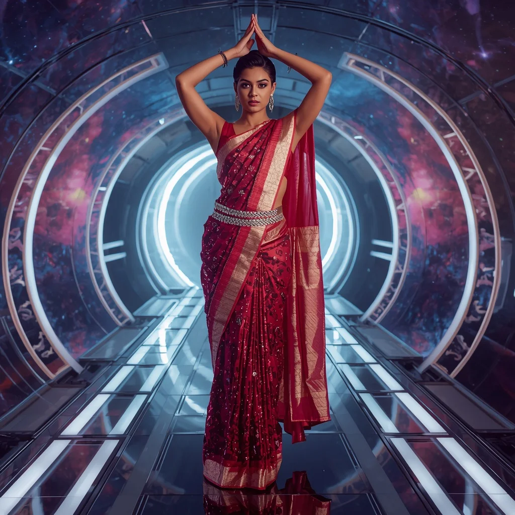 Crimson Platinum Solar Hyperloop Monarch Saree with Aurora Fortress Omniverse Maxima | Profile Picture Ai Prompt