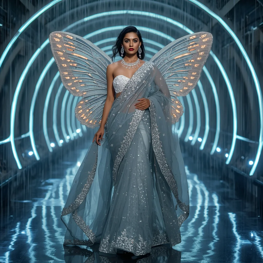 Crystal Butterfly Storm Saree with Digital Rain Lights | Secret Ai Prompt