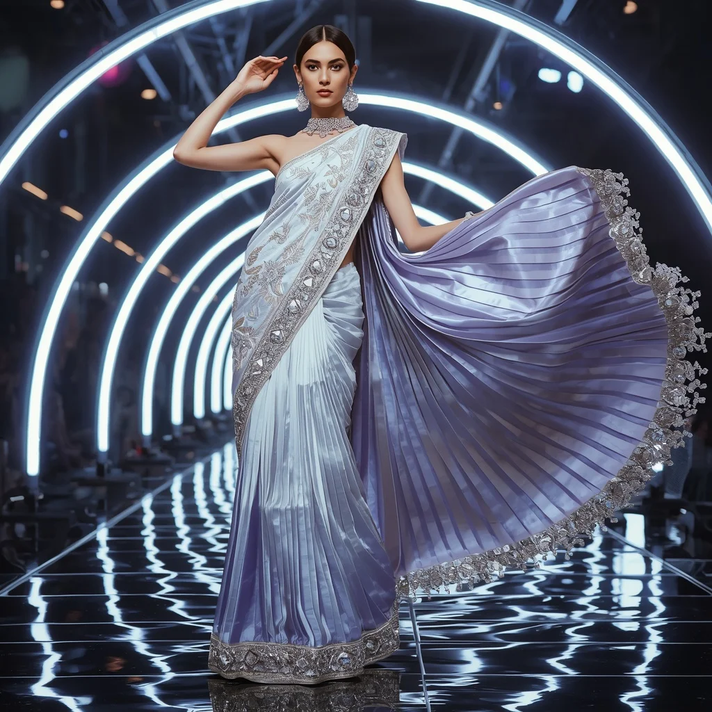 Crystal Mirage Saree with Floating Arc Lights | Flux Ai Prompt - Woman Pose AI Image Prompt