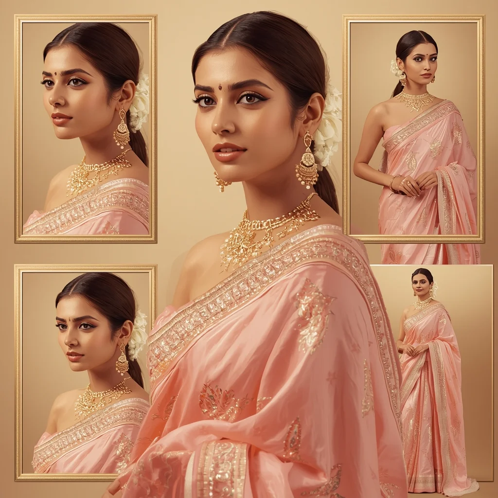 Dawn Honey Gold Pastel Saree Indian Woman Collage | Prompt For Girls College - Premium Art AI Image Prompt