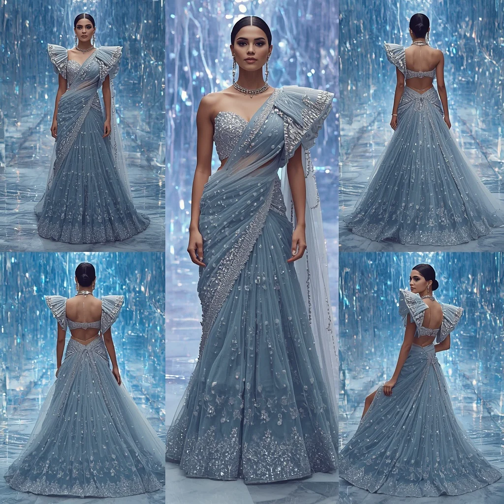 Diamond Frost Celestial Saree with Infinite Aurora Glass Tunnel | Gemini Ai Photo Prompt Copy Paste