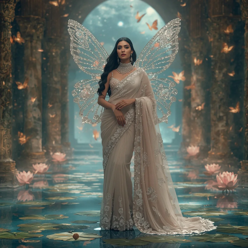 Diamond Lotus Butterfly Saree with Celestial Water Palace Background | Korean Ai Prompt