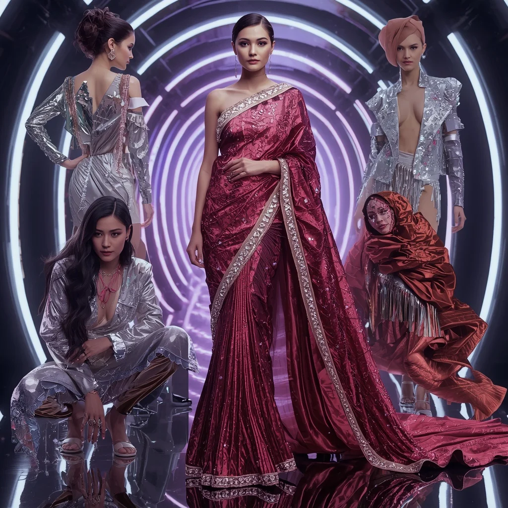 Diamond Thunder Fantasy Saree with Neon Spiral Corridors | Female Model Ai Prompt