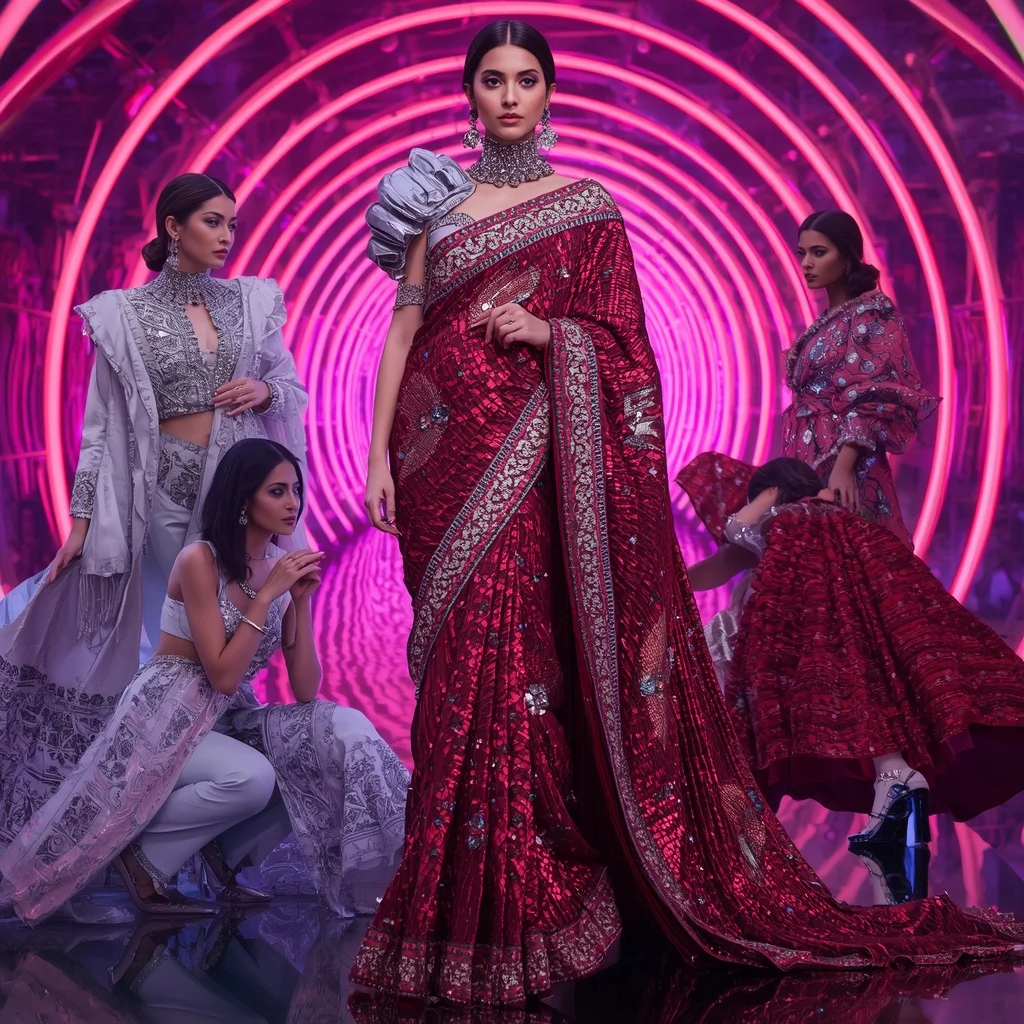 Diamond Thunder Majesty Saree with Neon Spiral Hallways | Ai Prompt Generator Free