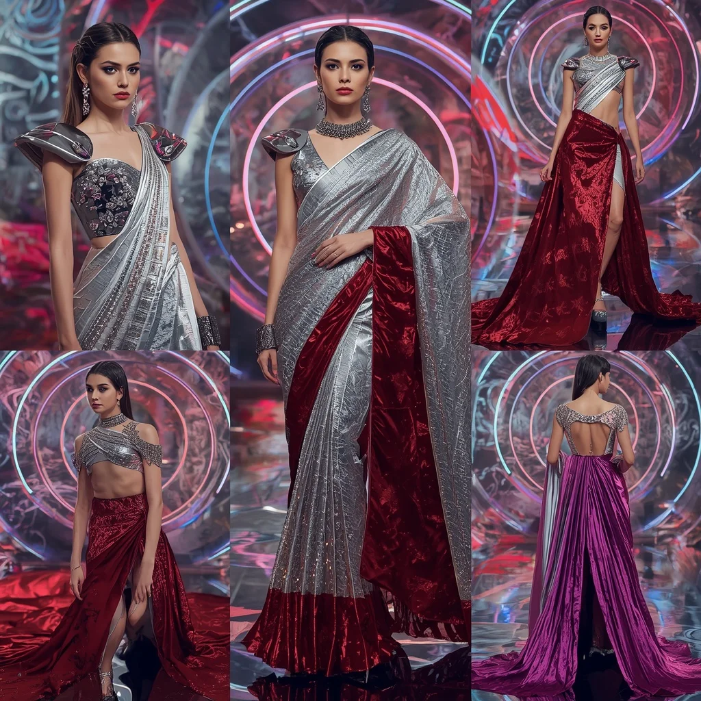 Diamond Thunder Symphony Saree with Neon Spiral Domes | Ai Portrait Prompt