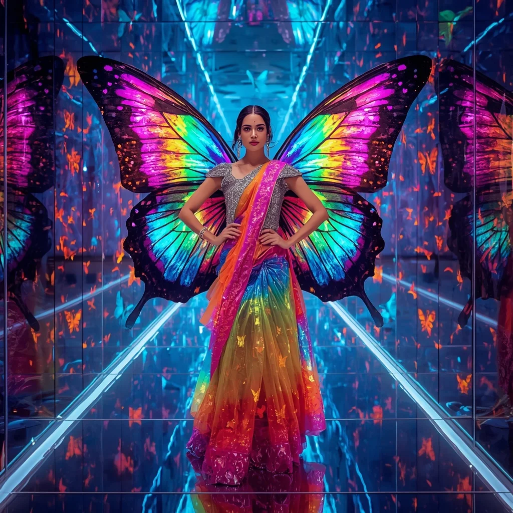 Electric Rainbow Butterfly Saree with Prism Tunnel Fantasy Background | Attitude Ai Prompt