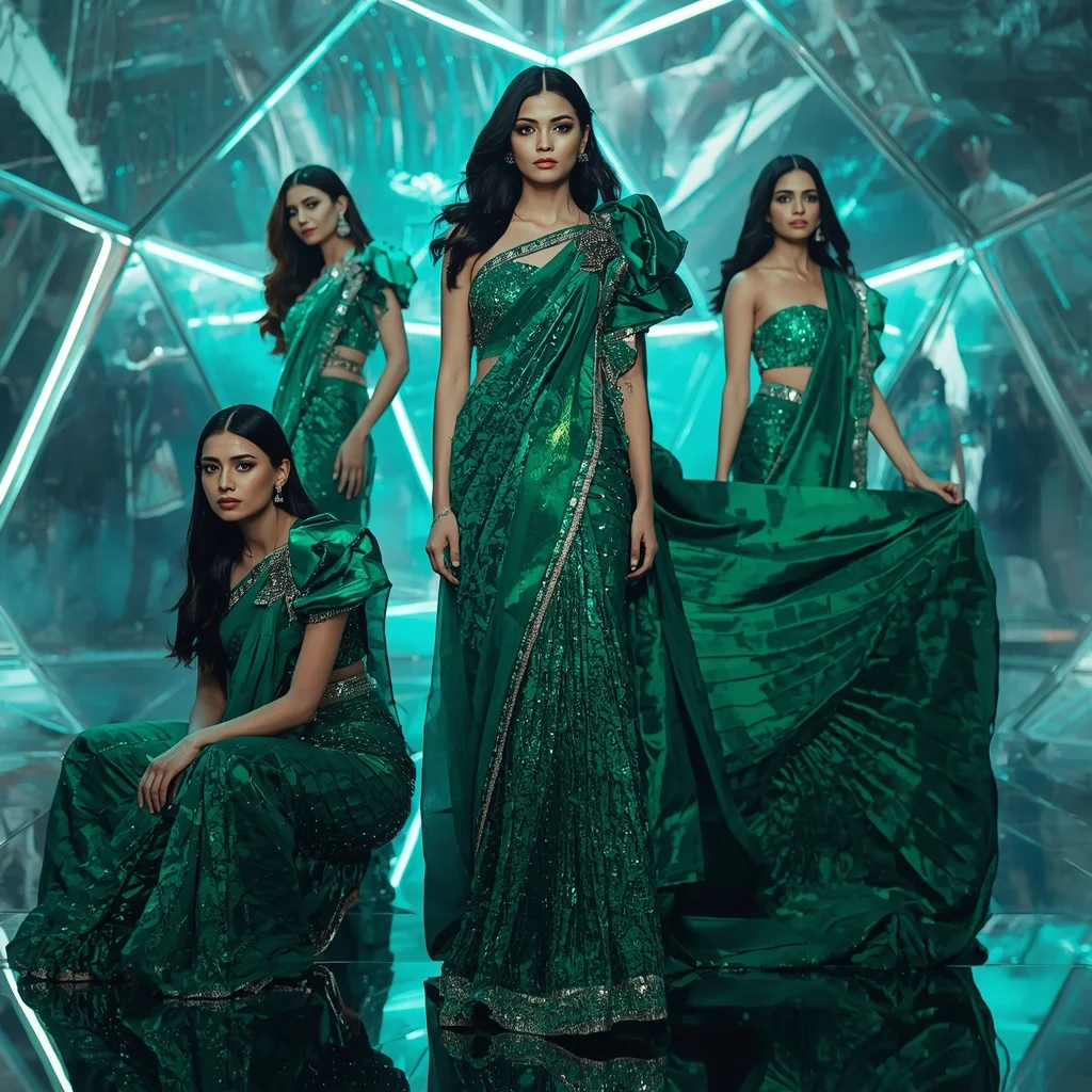 Emerald Aurora Galaxy Saree with Floating Prism Sky Dome | Leonardo Ai Image Prompt