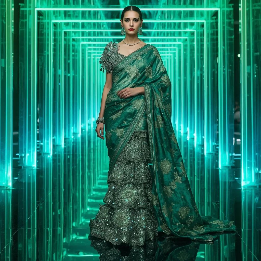 Emerald Aurora Majesty Saree with Infinite Crystal Corridors | Bridal Ai Prompt