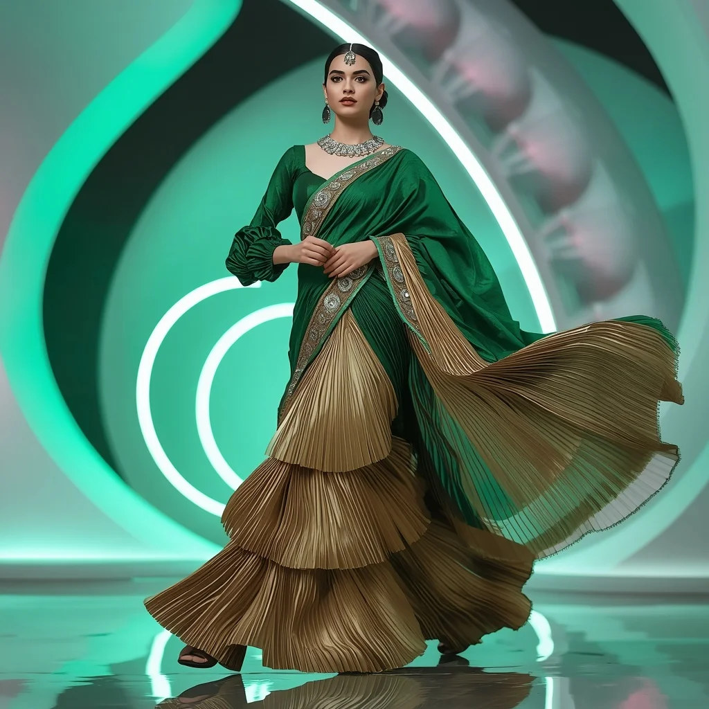 Emerald Cascade Couture Saree with Floating Neon Rings | Prompt For Gemini