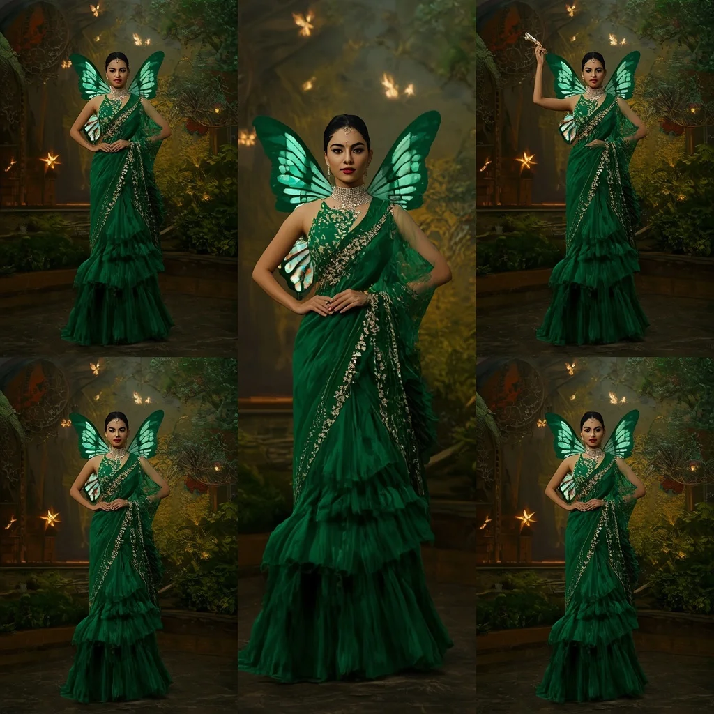 Emerald Fairy Butterfly Saree with Multi Pose Enchanted Garden Editorial Background | Indian Girl Ai Prompt