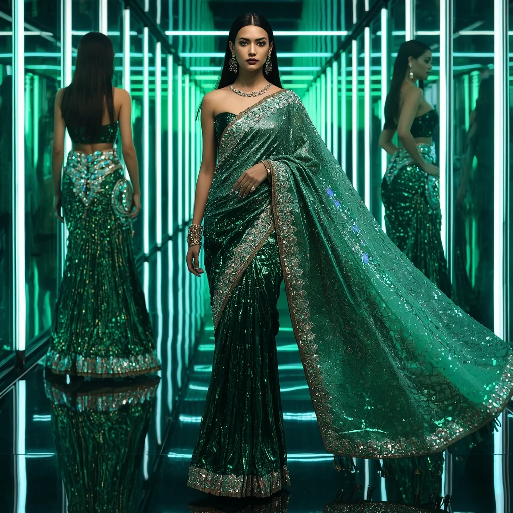 Emerald Moonlight Symphony Saree with Neon Reflection Hallways | Luxury Ai Prompt