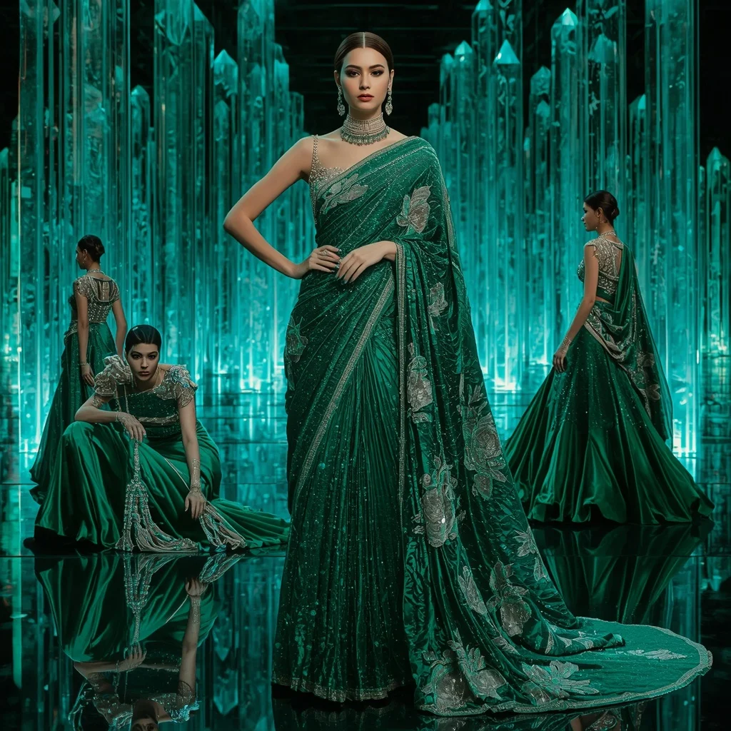 Emerald Prism Symphony Saree with Infinite Crystal Towers | Profile Picture Ai Prompt