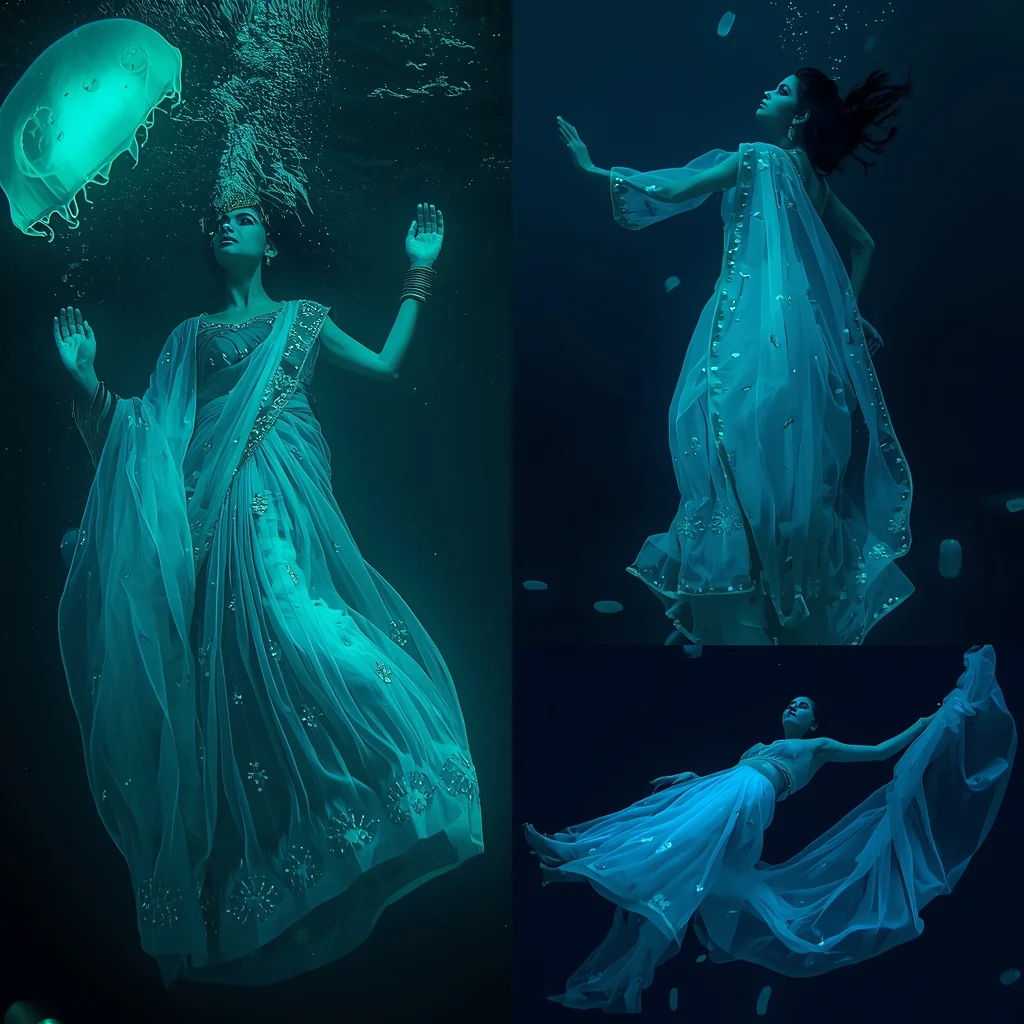 Festive Fancy Saree Bioluminescent Deep Sea 4-Frame Grid | Fluid Poses Cinematic | Bridal Saree Ai Prompt
