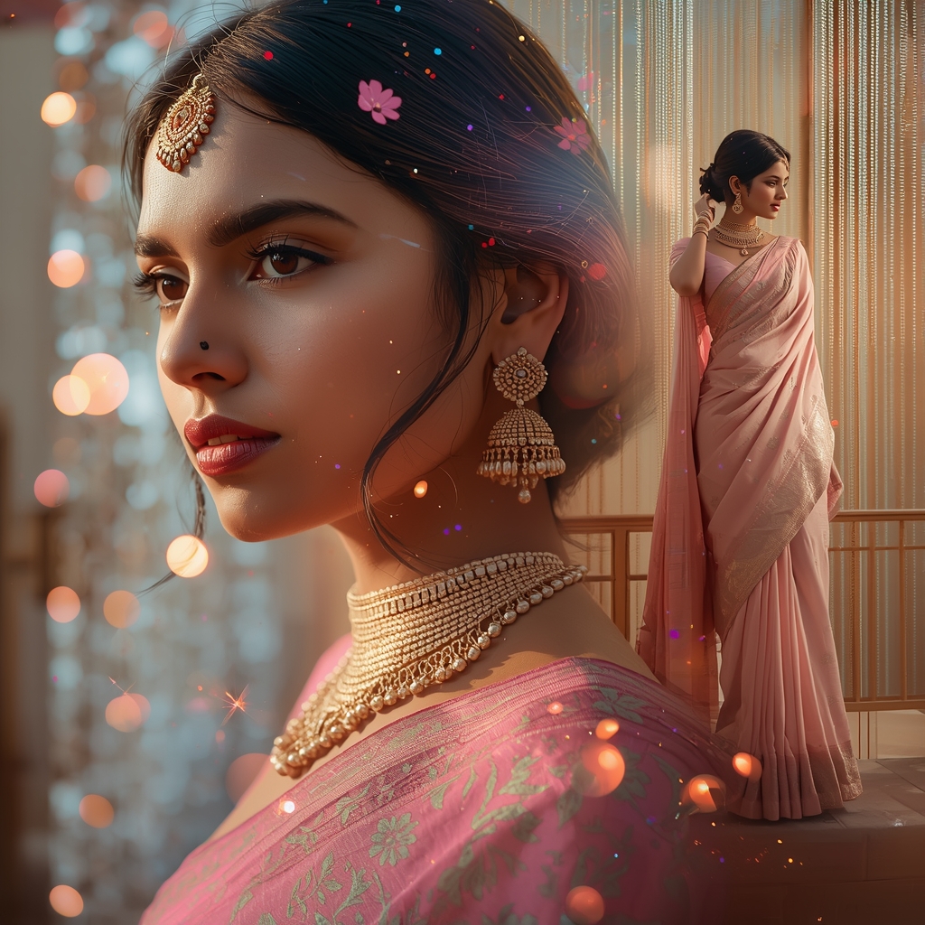 Festive Fancy Saree Chrono Shift Time Pendulum Collage | Saree Pose Ai Prompt