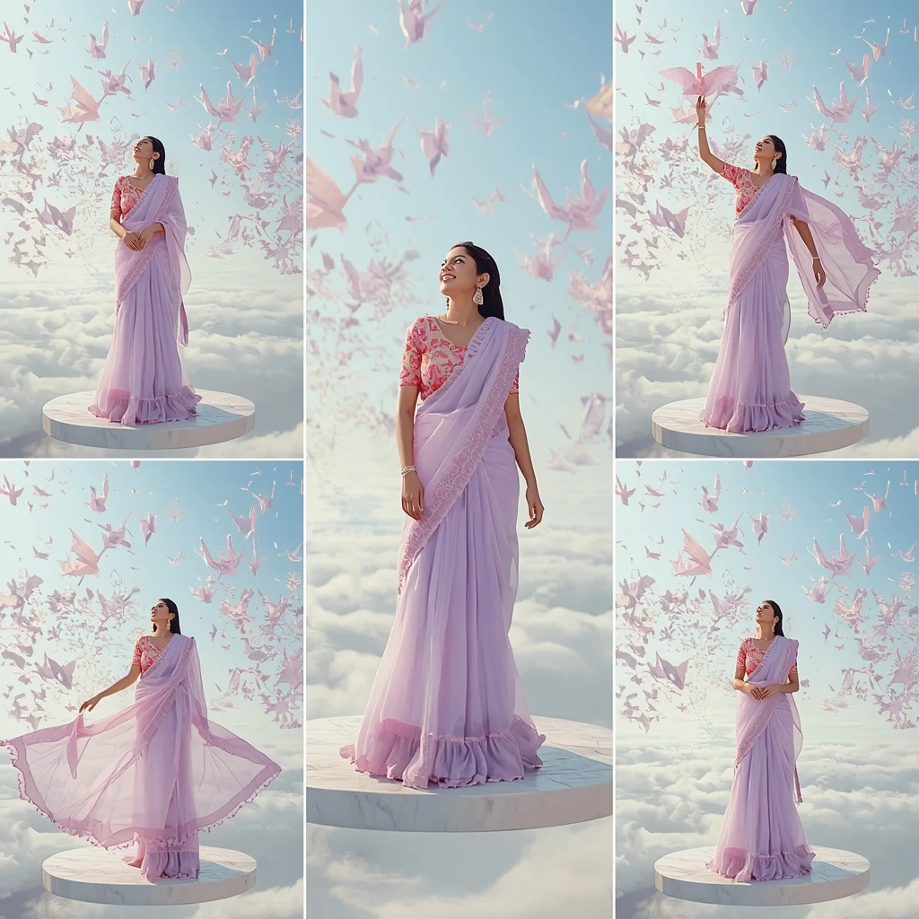 Festive Fancy Saree Floating Origami Sky City 6-Frame Window | Airy Poses Cinematic | Saree Reel Ai Prompt
