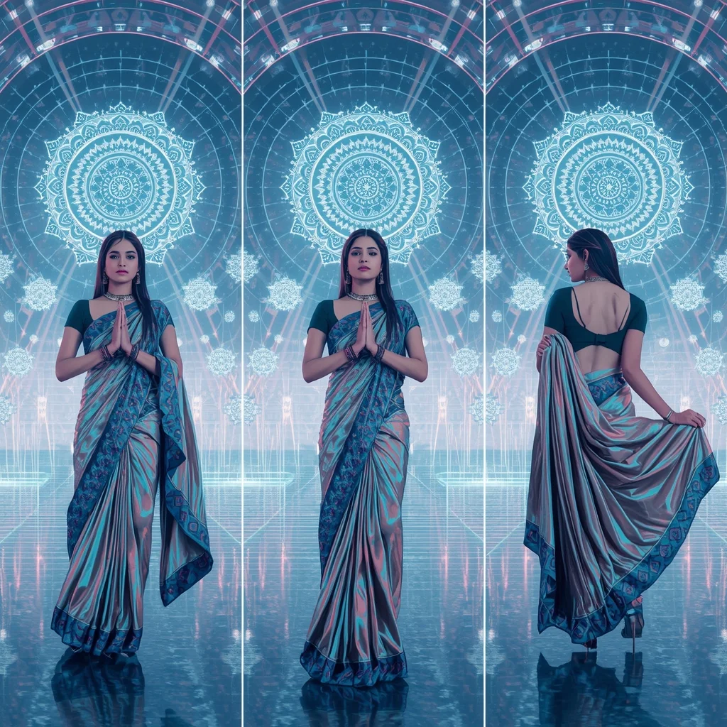 Festive Fancy Saree Holographic Cyber-Temple 3-Frame Panoramic | Bold Poses Cinematic | Saree Instagram Ai Prompt