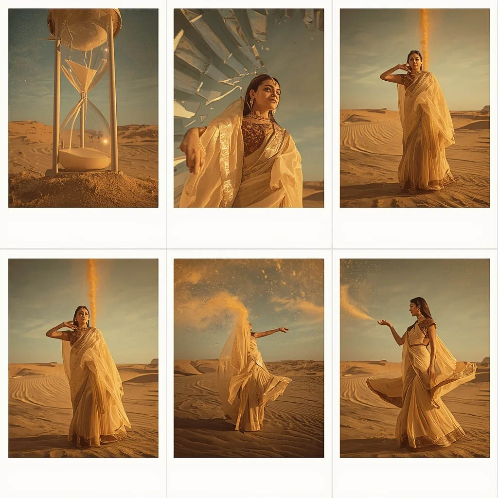 Festive Fancy Saree Hourglass Sandstorm 6-Frame Polaroid | Dramatic Poses Cinematic | Saree Photoshoot Prompt Ultra Realistic