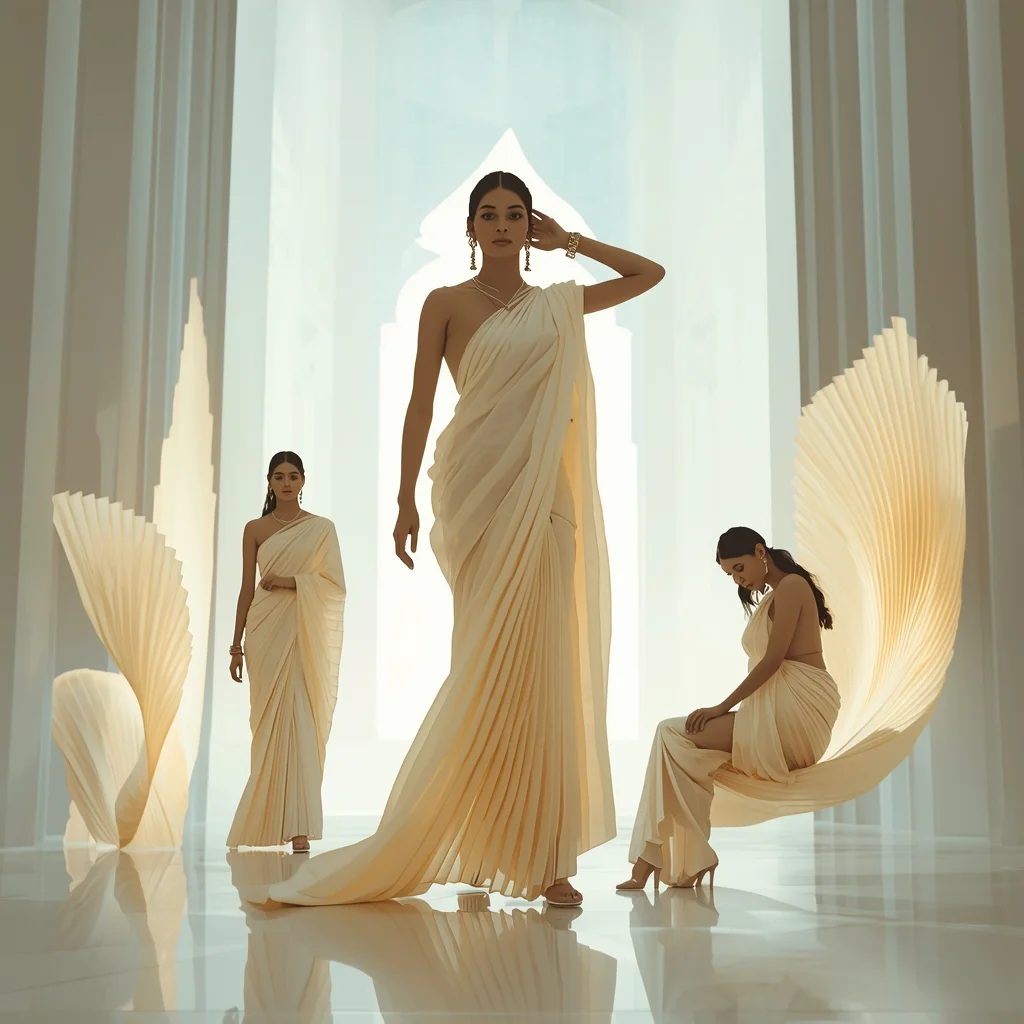 Festive Fancy Saree Kinetic Origami Pleats Architectural | Bridal Saree Ai Prompt
