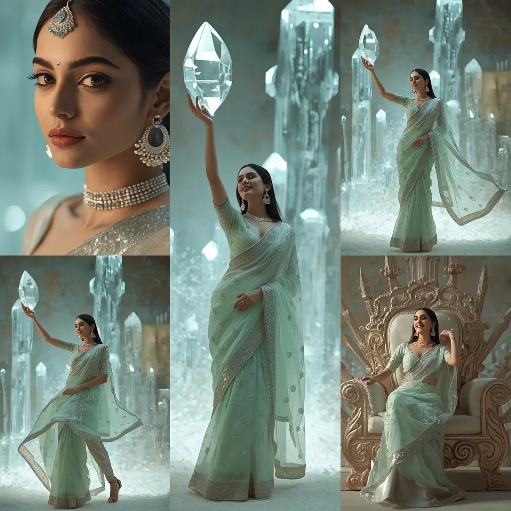 Festive Fancy Saree Levitating Crystal Garden 5-Frame Stepped Collage | Ethereal Poses Cinematic | Modern Saree Ai Prompt