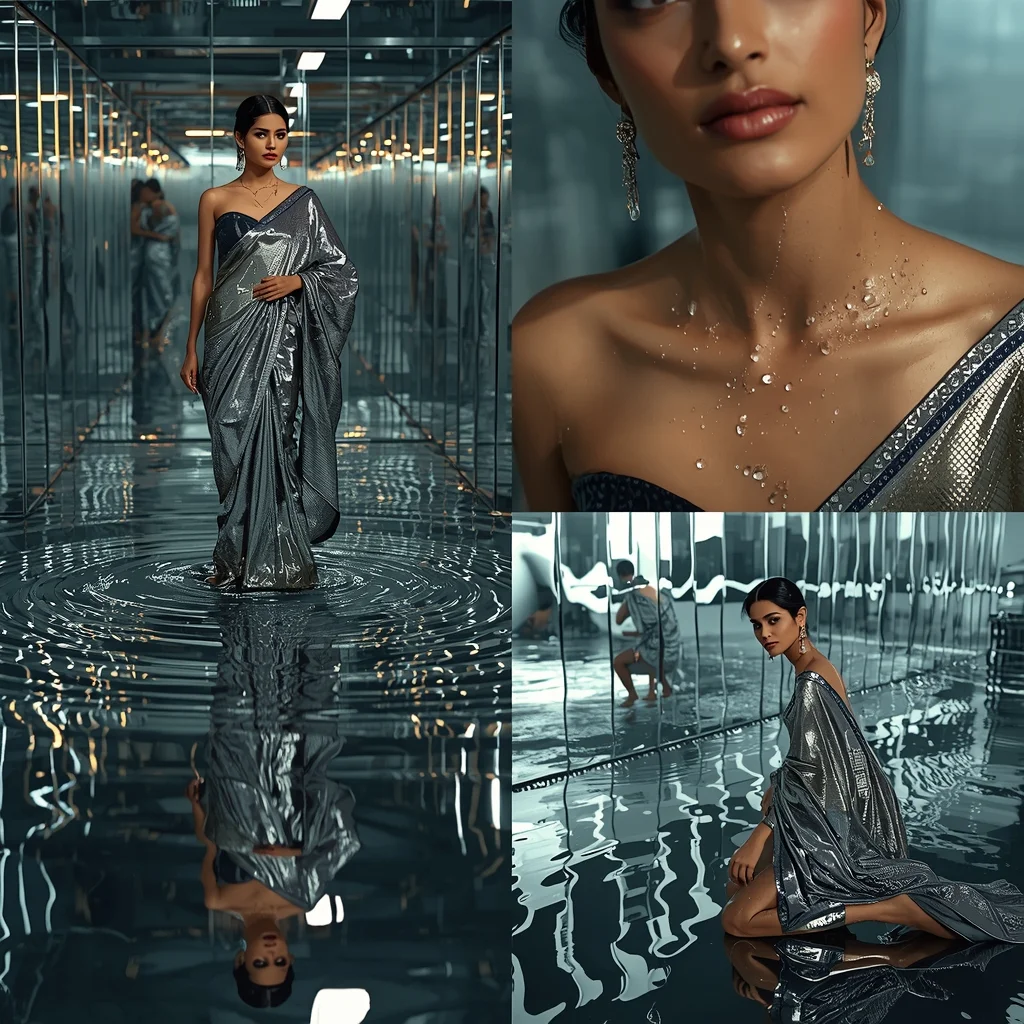 Festive Fancy Saree Liquid Mercury Reflection 5-Frame Filmstrip | Avant-Garde Poses Cinematic | Gemini Ai Saree Prompt