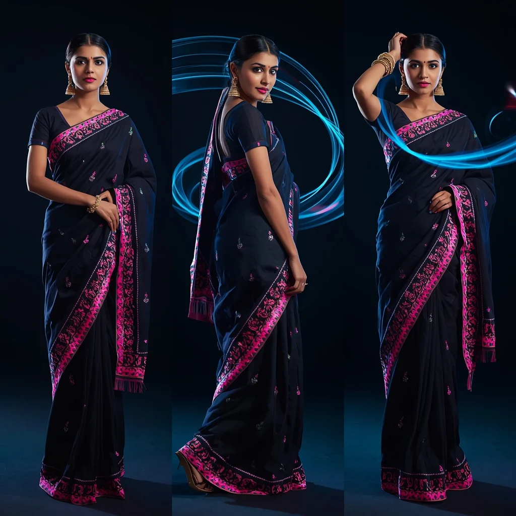 Festive Fancy Saree Neon Light-Painting 4-Frame Split | Dynamic Poses Cinematic | Indian Saree Ai Prompt