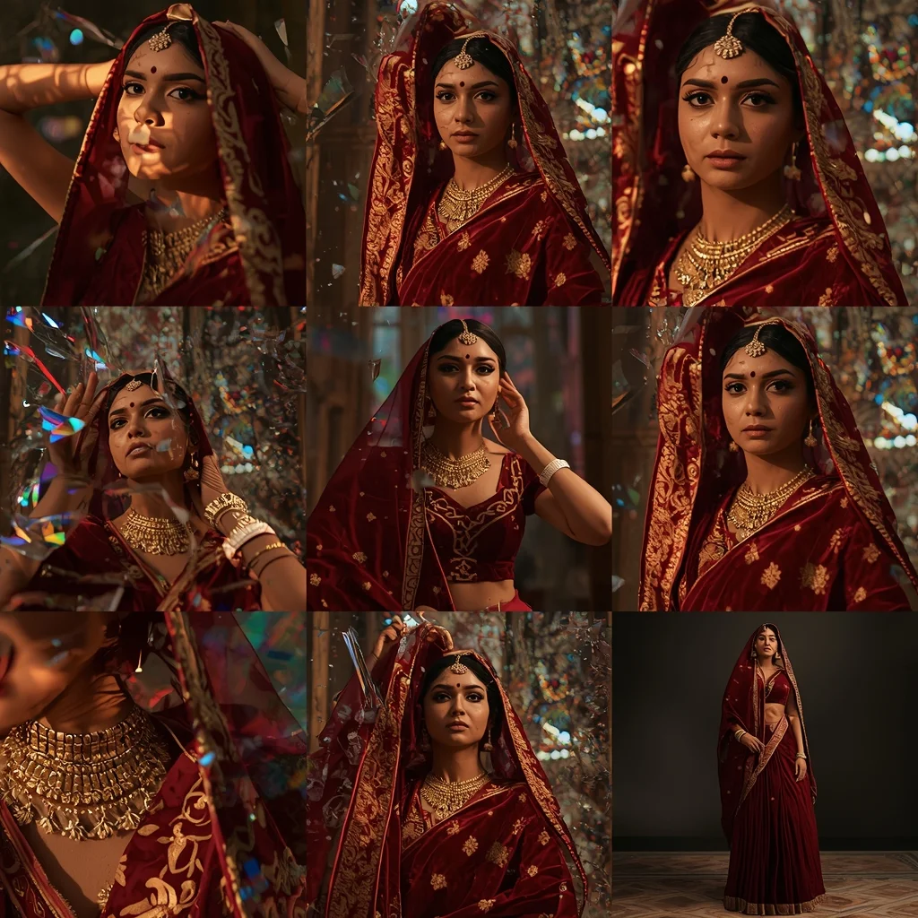 Festive Fancy Saree Stained Glass Cathedral Shatter 9-Frame Grid | Artistic Poses Cinematic | Saree Dp Ai Prompt