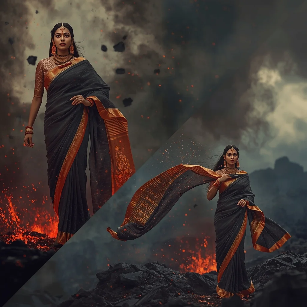 Festive Fancy Saree Volcanic Ash and Embers 4-Frame Split | Fierce Poses Cinematic | Gemini Saree Prompt For Girl